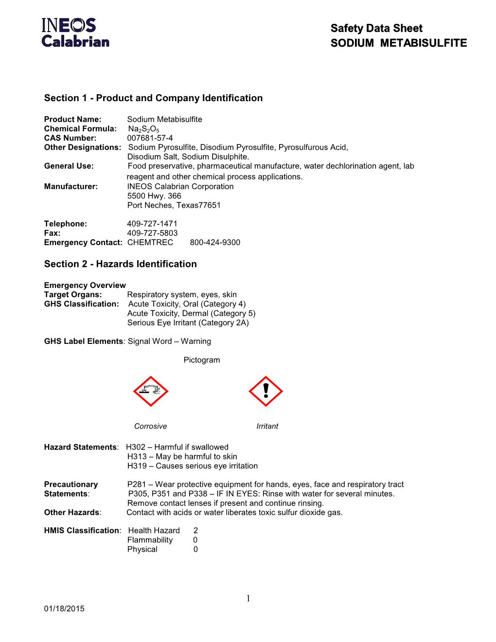 Safety Data Sheet SODIUM METABISULFITE Safety