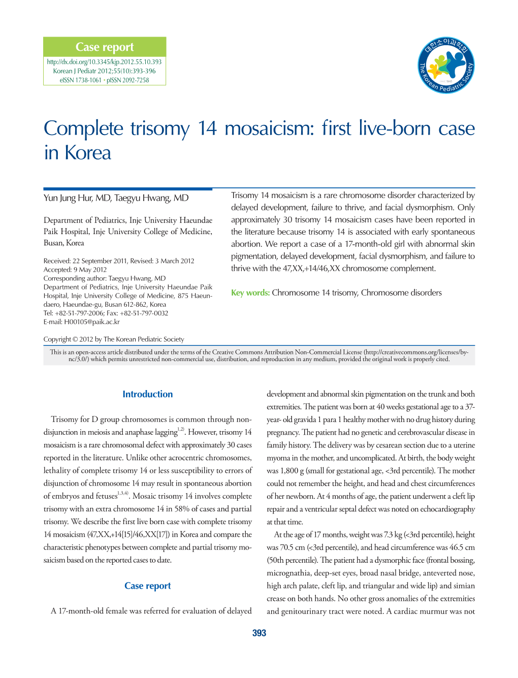 Complete Trisomy 14 Mosaicism: First Live-Born Case in Korea