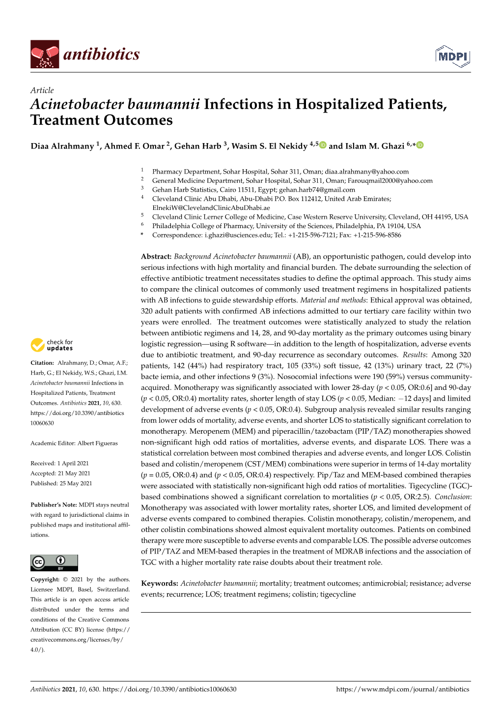 Acinetobacter Baumannii Infections in Hospitalized Patients, Treatment Outcomes