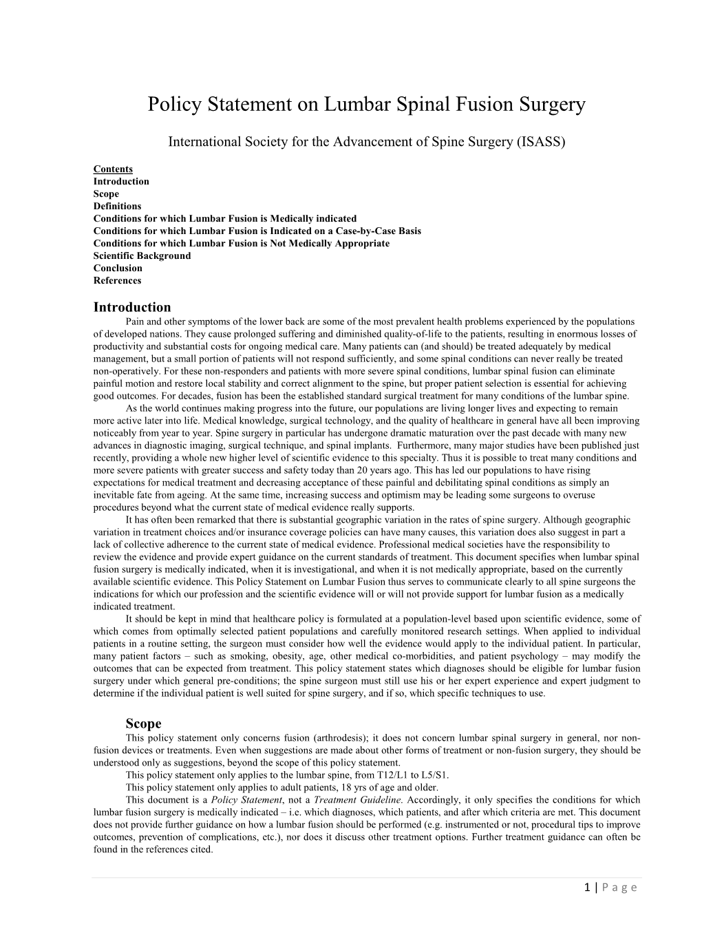 Policy Statement on Lumbar Spinal Fusion Surgery