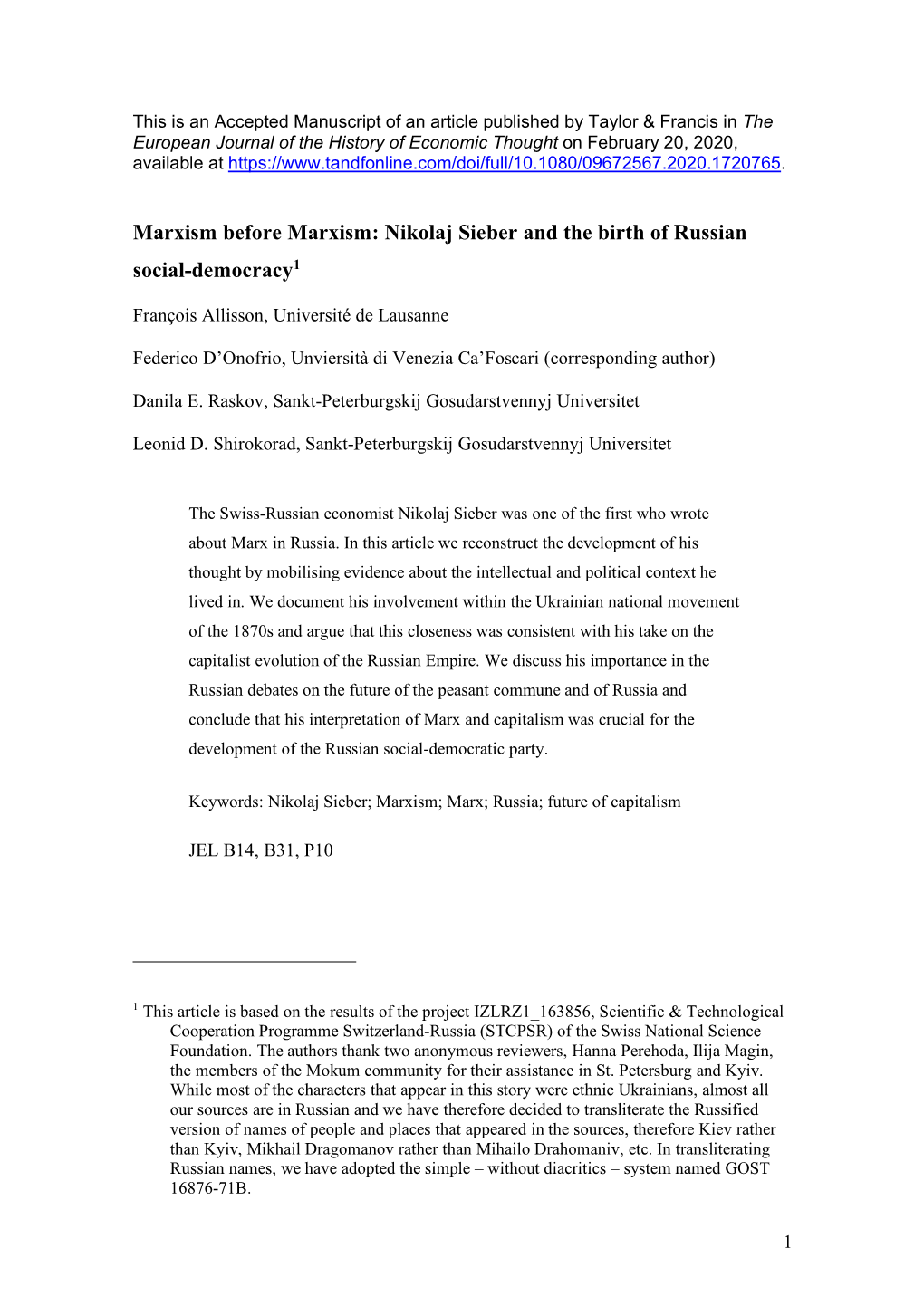 Marxism Before Marxism: Nikolaj Sieber and the Birth of Russian Social-Democracy1