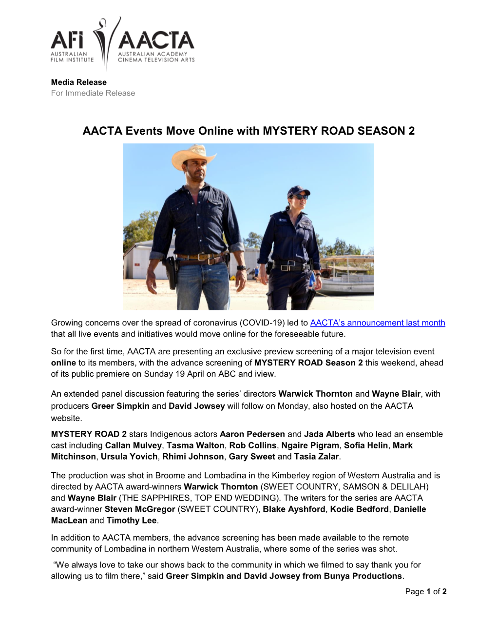 AACTA Events Move Online with MYSTERY ROAD SEASON 2