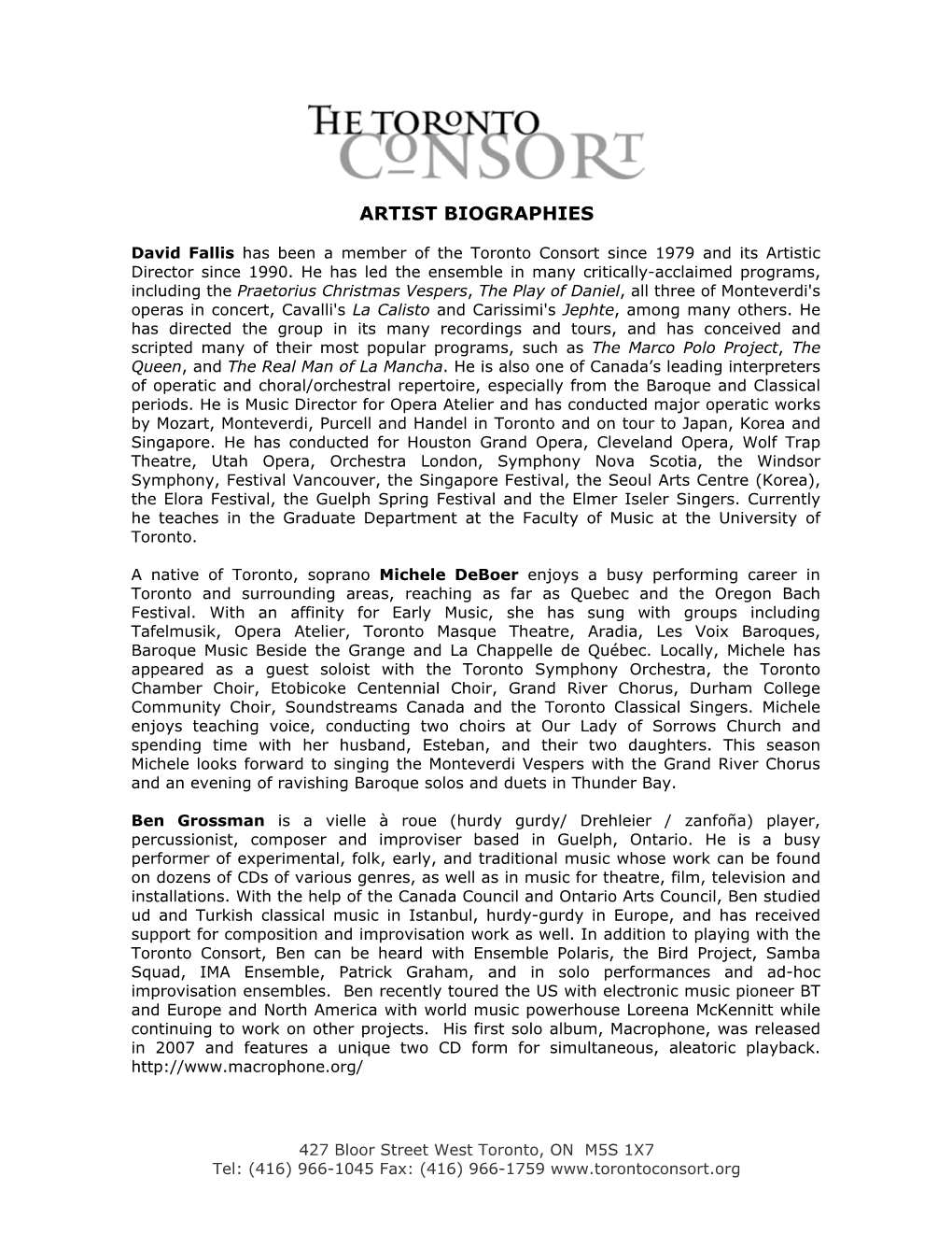 Toronto Consort Artist Biographies