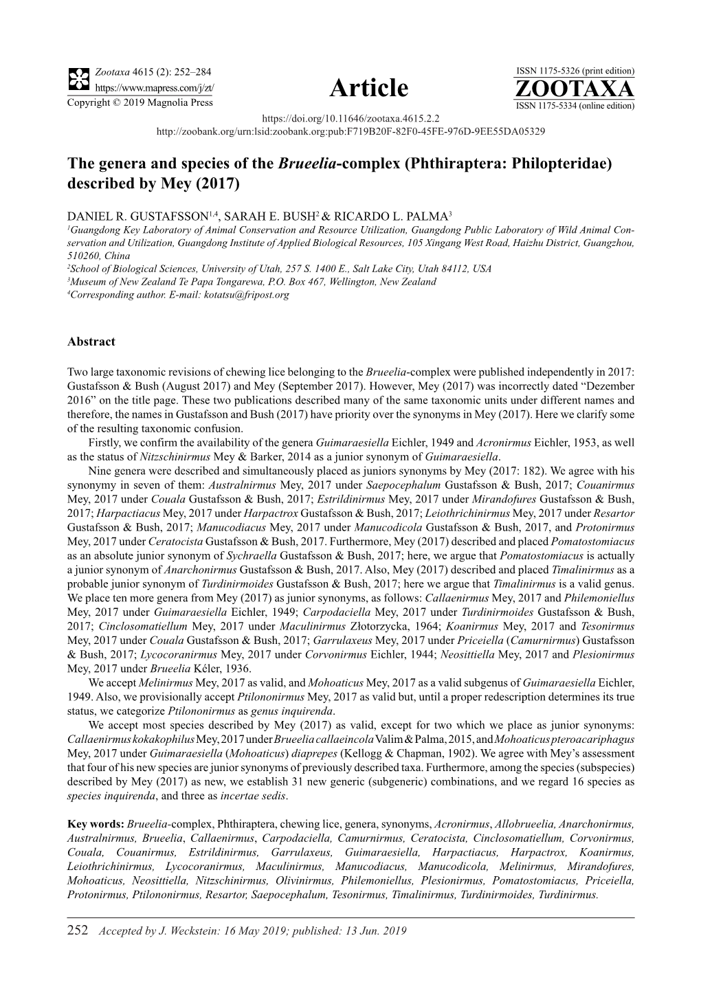 The Genera and Species of the Brueelia-Complex (Phthiraptera: Philopteridae) Described by Mey (2017)