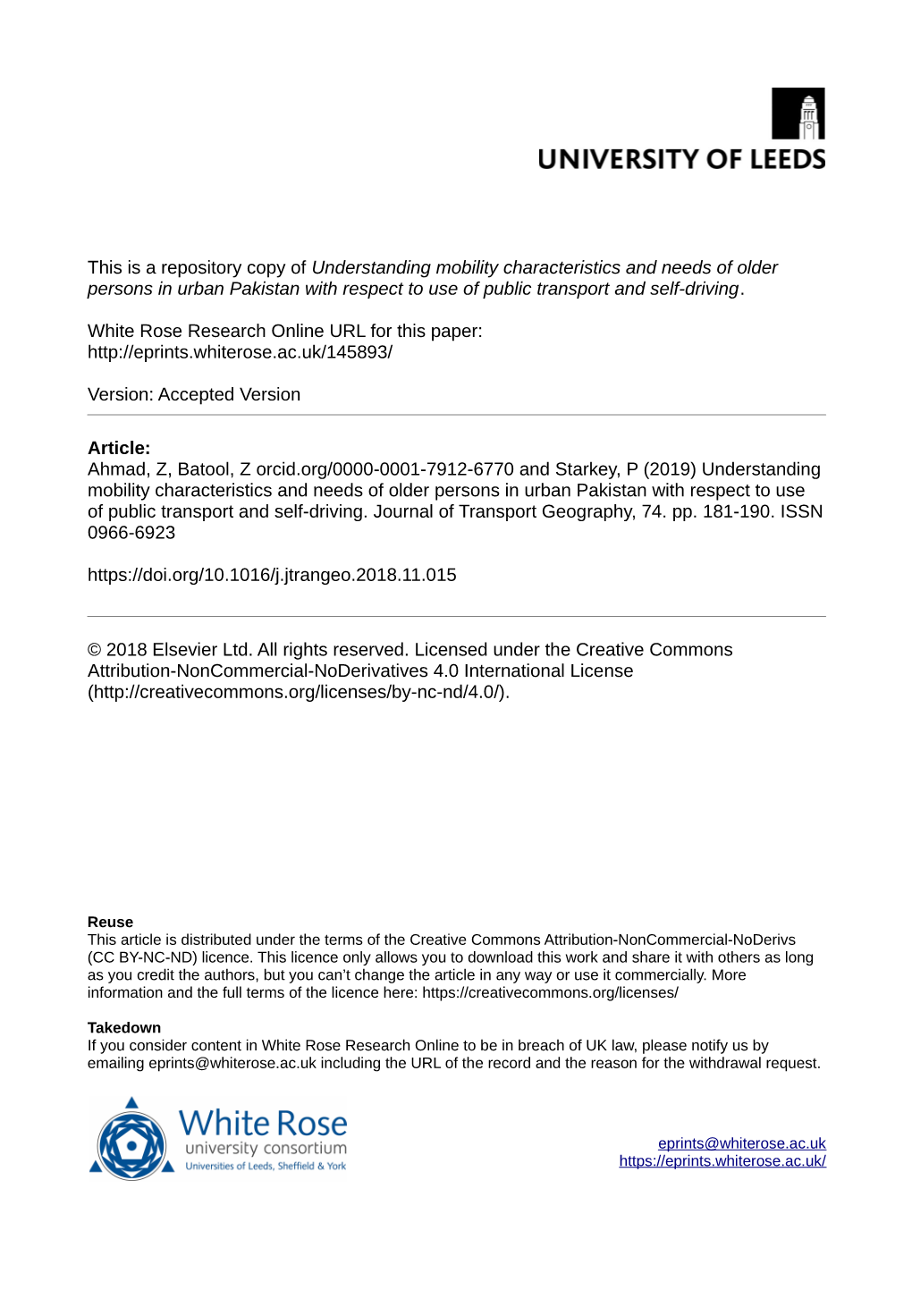 Understanding Mobility Characteristics and Needs of Older Persons in Urban Pakistan with Respect to Use of Public Transport and Self-Driving