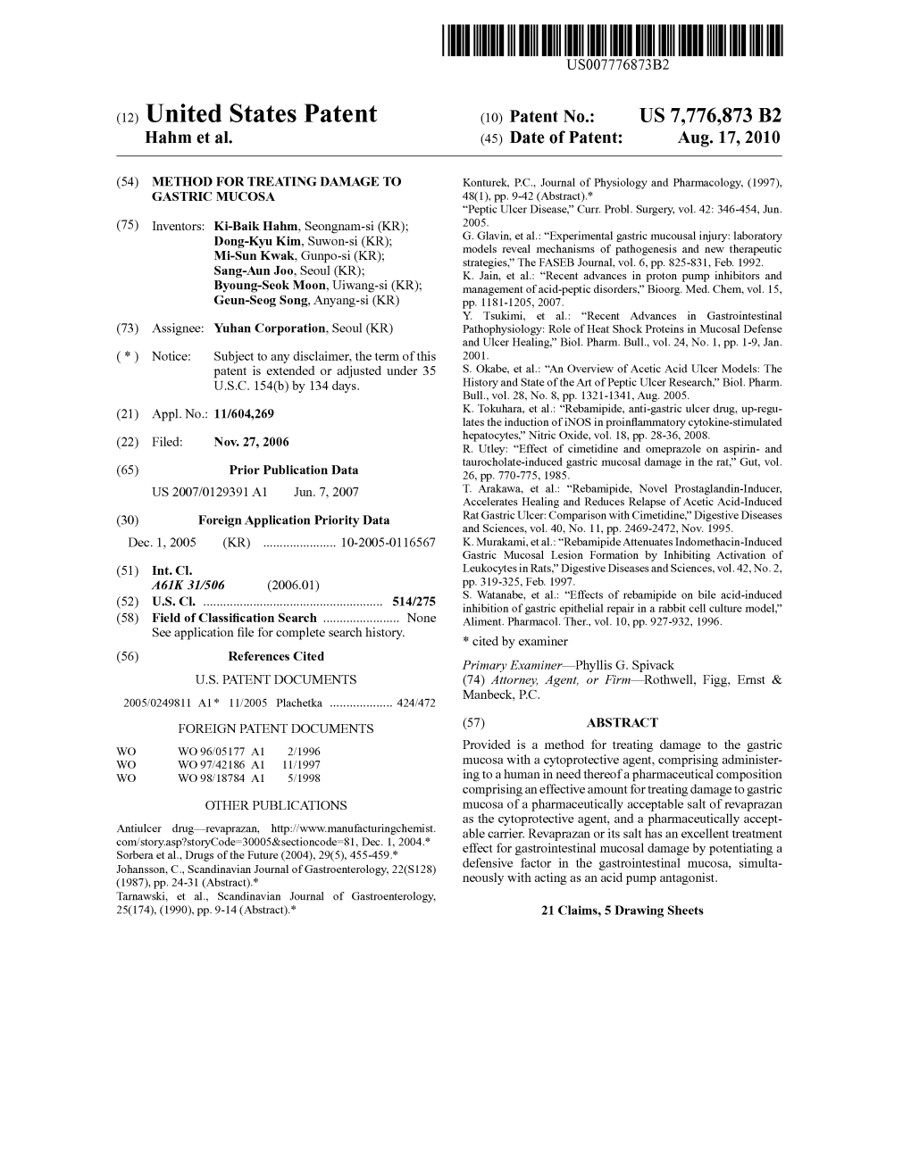 (12) United States Patent (10) Patent No.: US 7,776,873 B2 Hahm Et Al