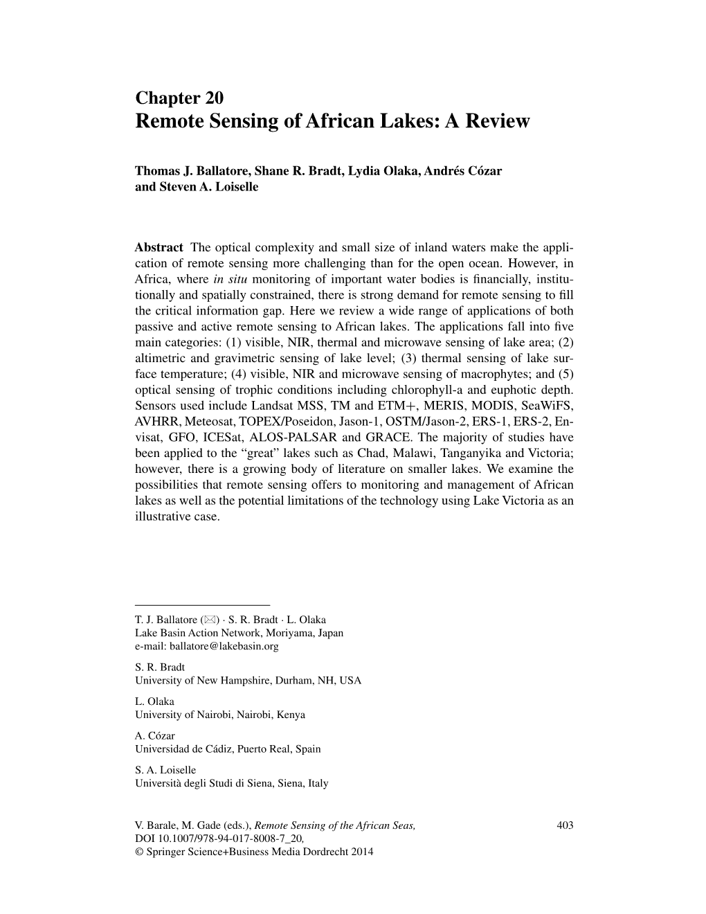 Chapter 20 Remote Sensing of African Lakes: a Review