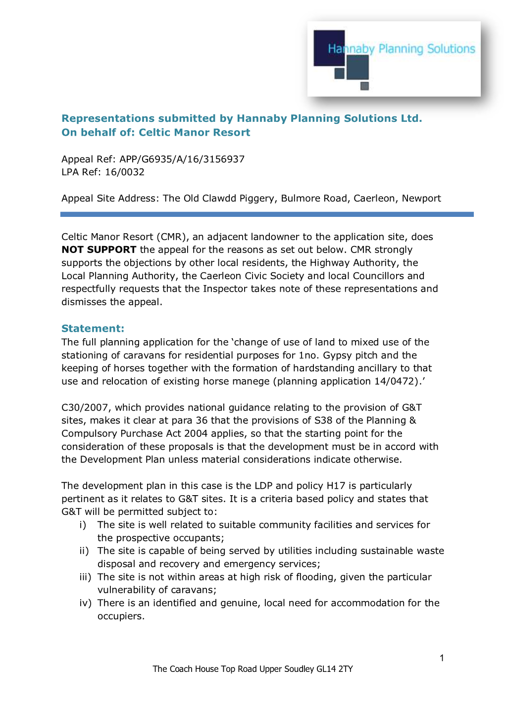 Representations Submitted by Hannaby Planning Solutions Ltd