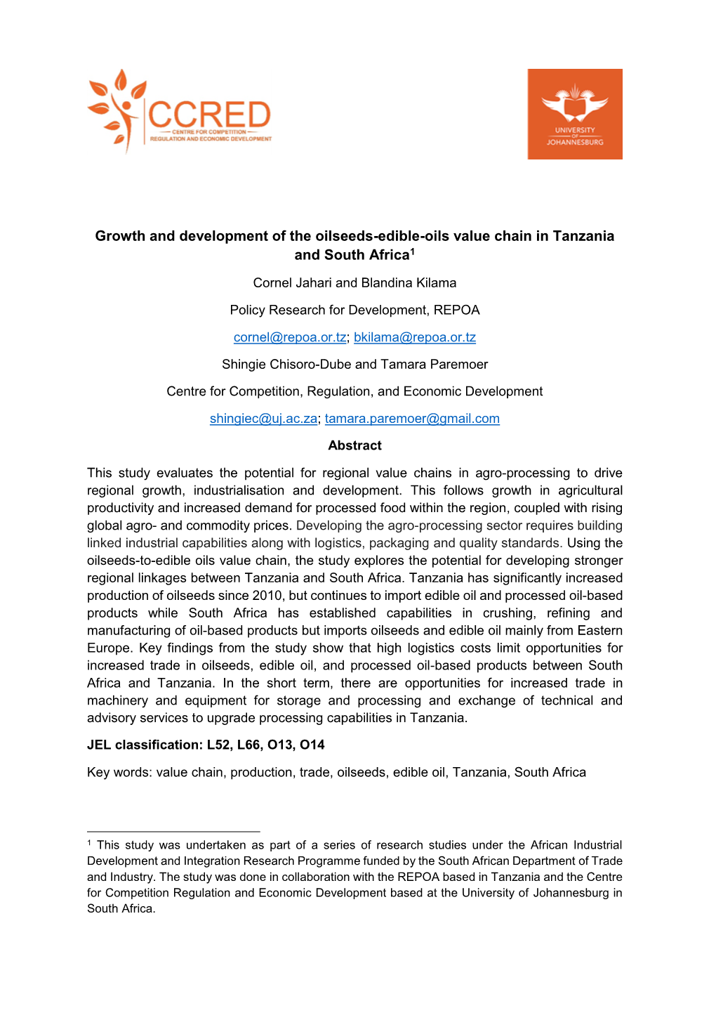 Growth and Development of the Oilseeds-Edible-Oils Value Chain in Tanzania and South Africa1