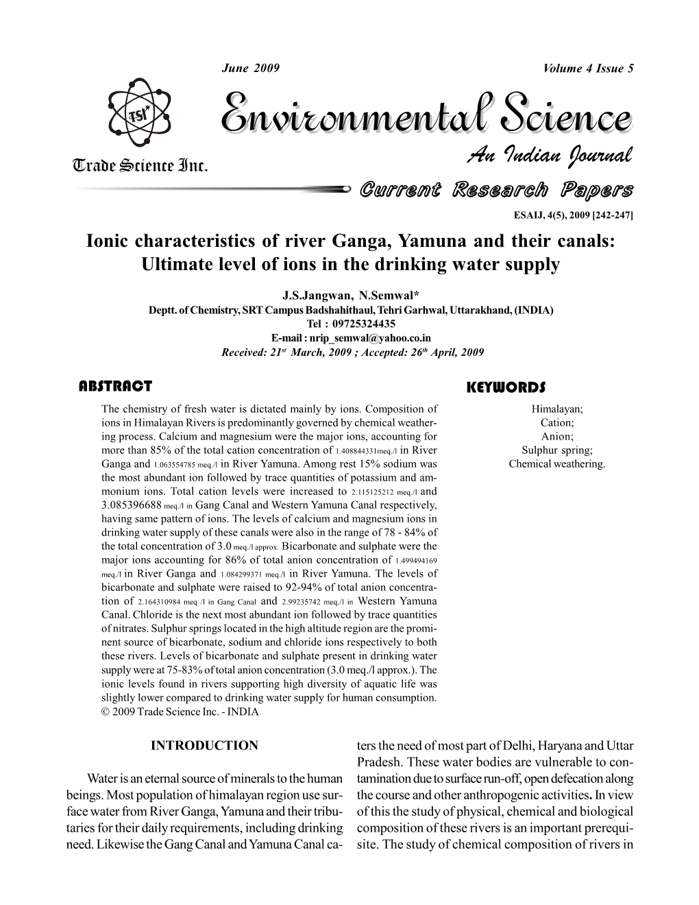 Ionic Characteristics of River Ganga, Yamuna and Their Canals: Ultimate Level of Ions in the Drinking Water Supply