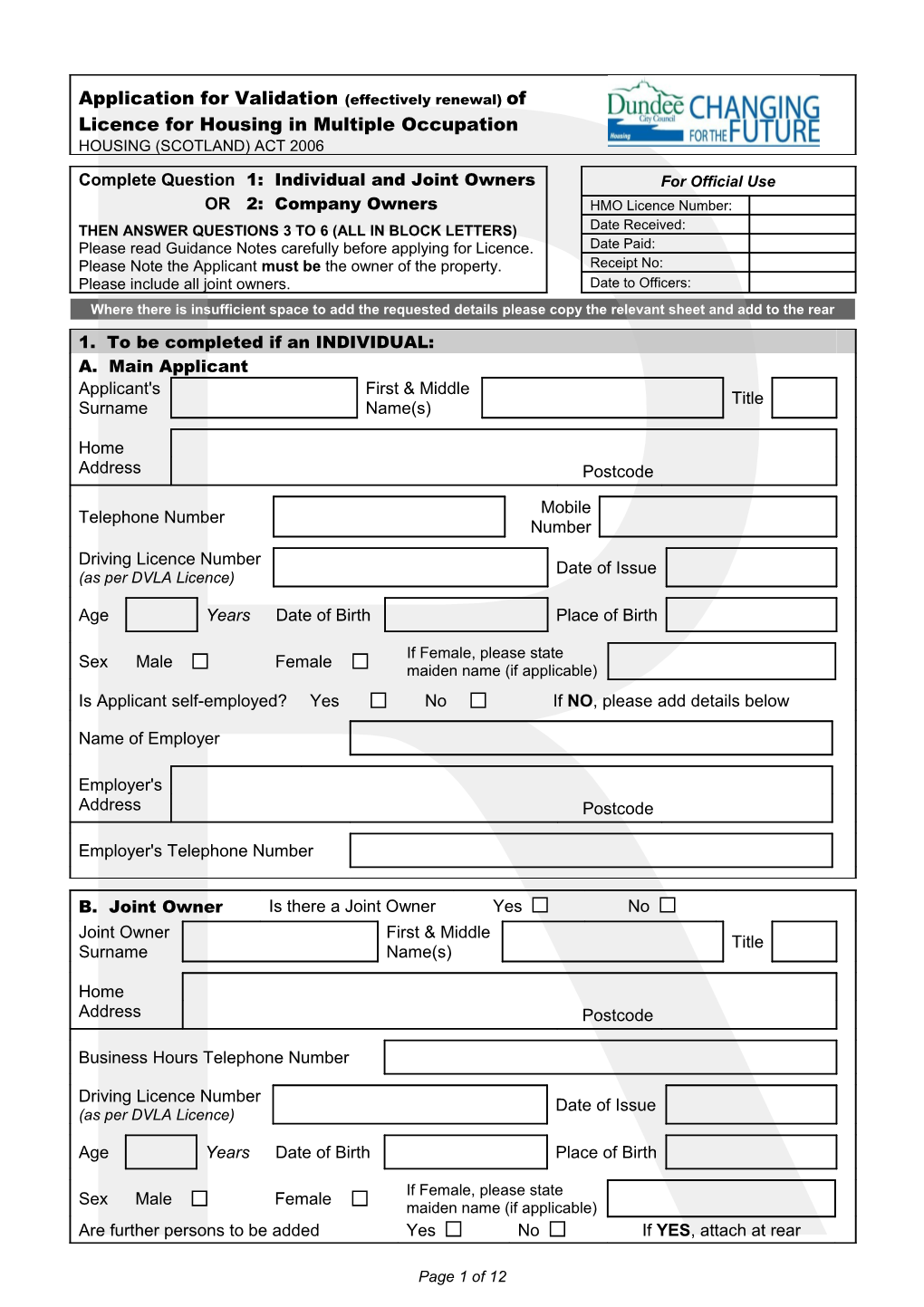 Application for Renewal of Licence For