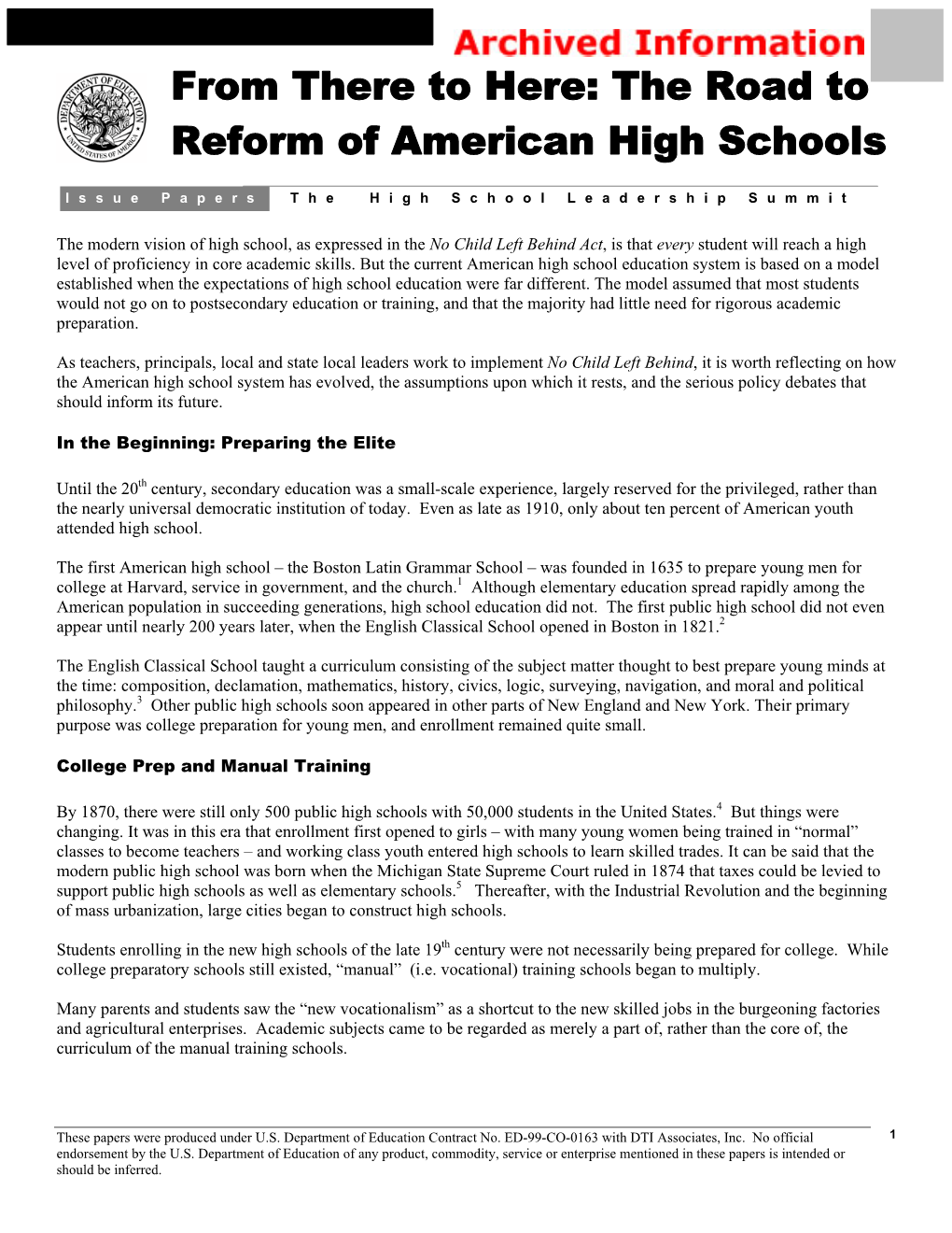 From There to Here: the Road to Reform of American High Schools