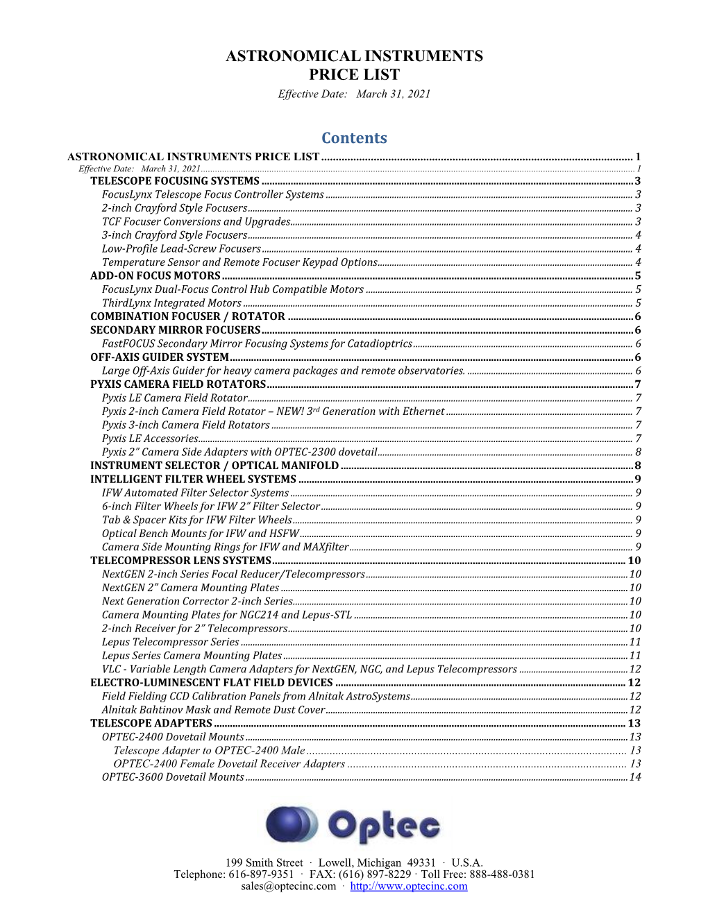 Astronomy Price List