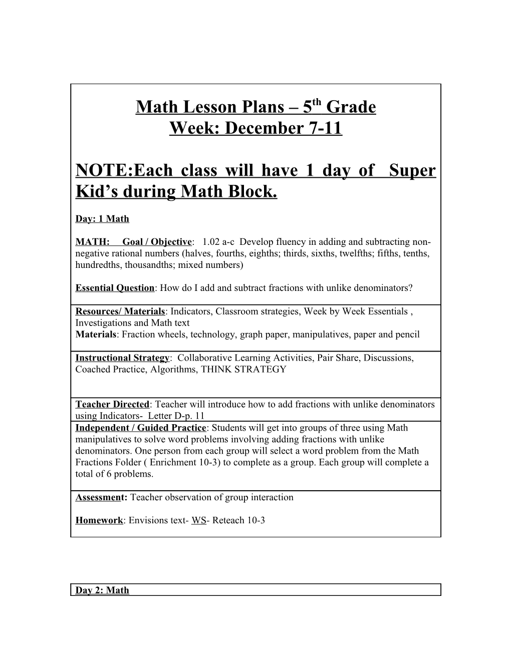 Math Lesson Plans 5Th Grade