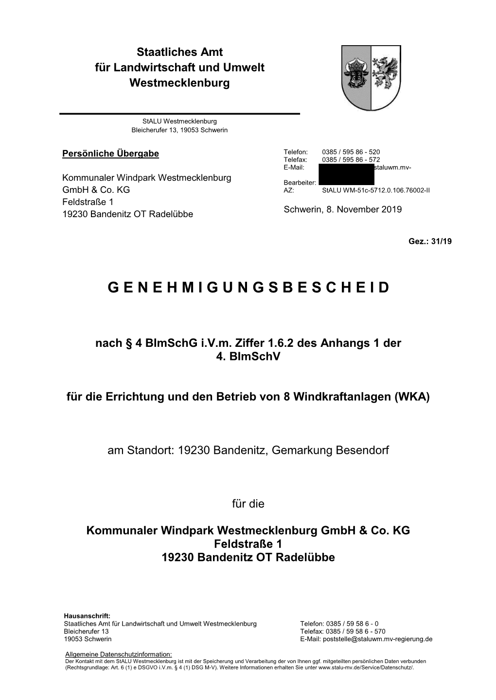 Staatliches Amt Für Landwirtschaft Gez.: 19/13Und Umwelt Westmecklenburg