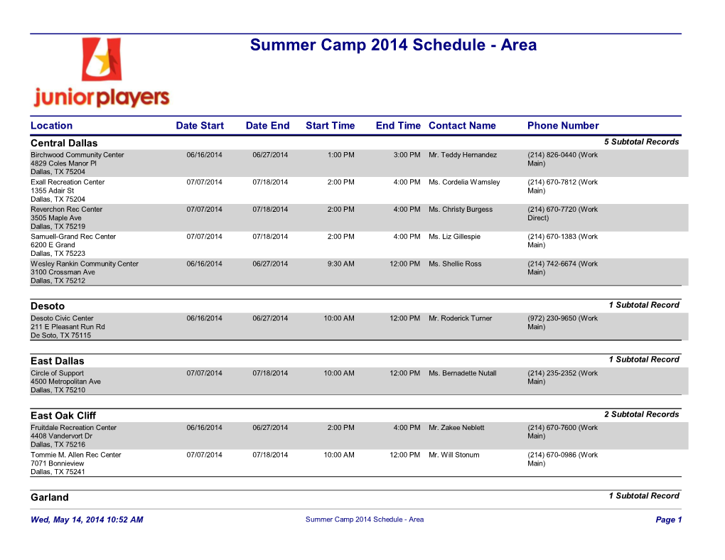 Summer Camp 2014 Schedule - Area