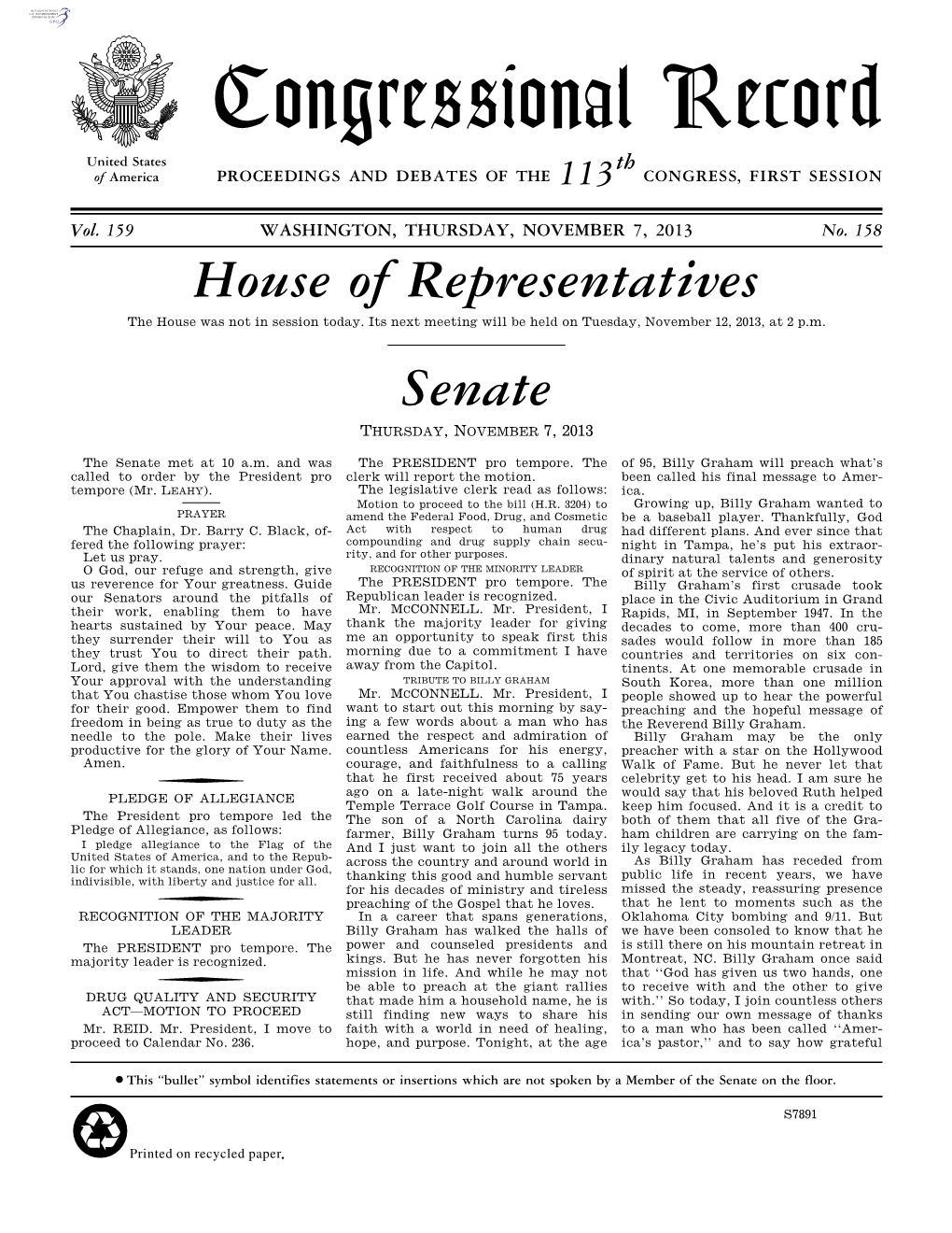 Congressional Record United States Th of America PROCEEDINGS and DEBATES of the 113 CONGRESS, FIRST SESSION