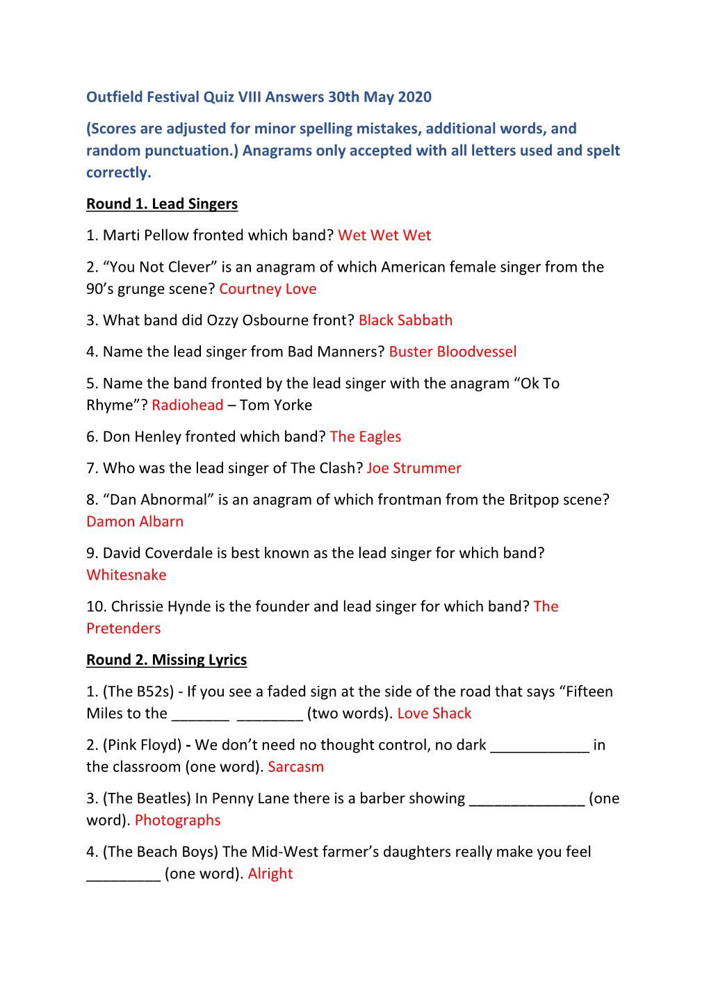 Outfield Festival Quiz VIII Answers 30Th May 2020 (Scores Are