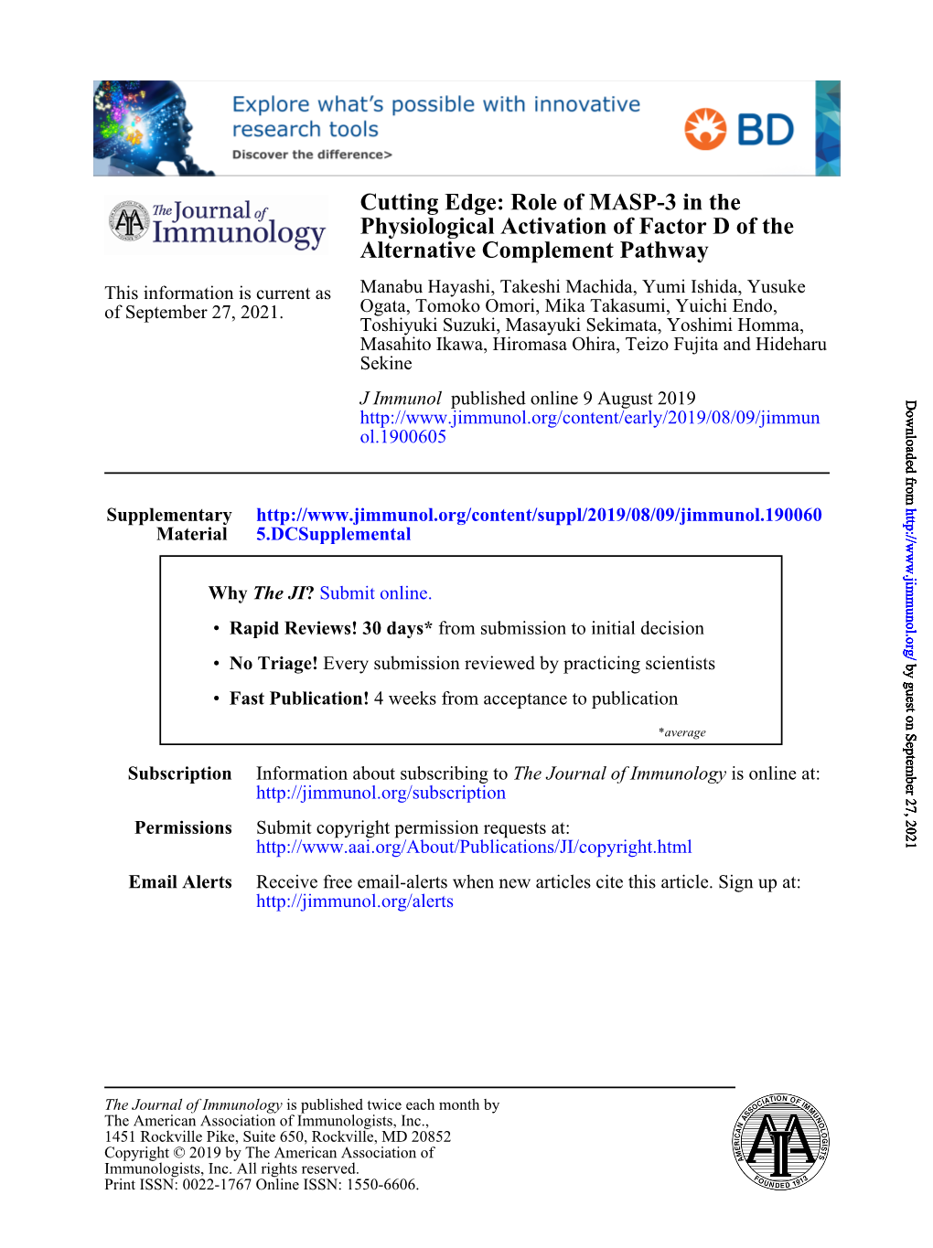 Role of MASP-3 in the Physiological Activation of Factor D of the Alternative Complement Pathway