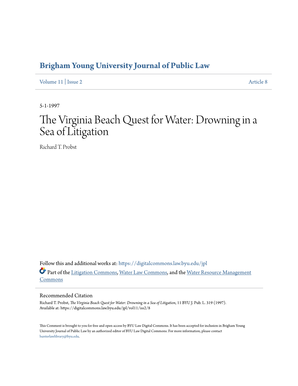 The Virginia Beach Quest for Water: Drowning in a Sea of Litigation, 11 BYU J