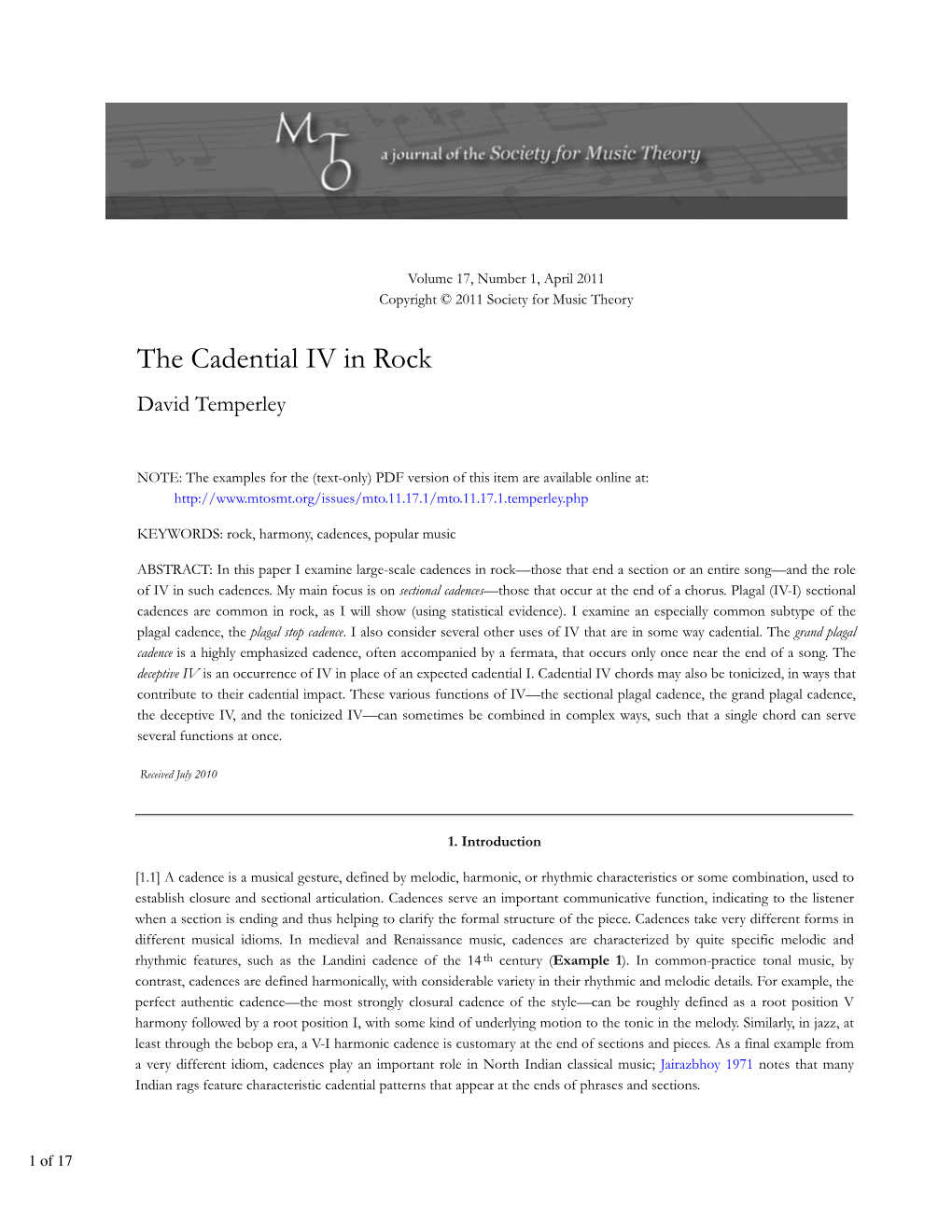 MTO 17.1: Temperley, Cadential IV in Rock