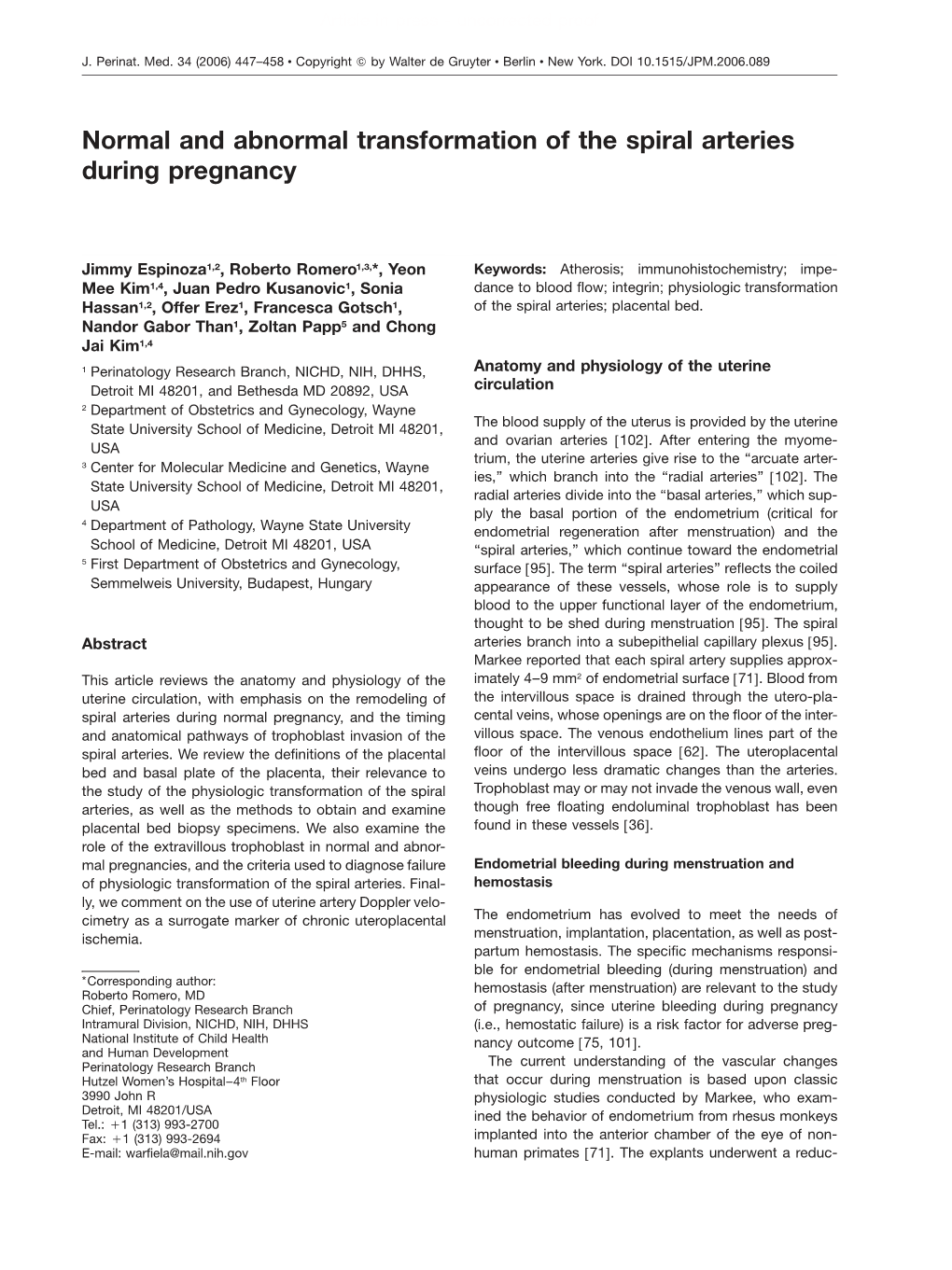 Normal and Abnormal Transformation of the Spiral Arteries During Pregnancy