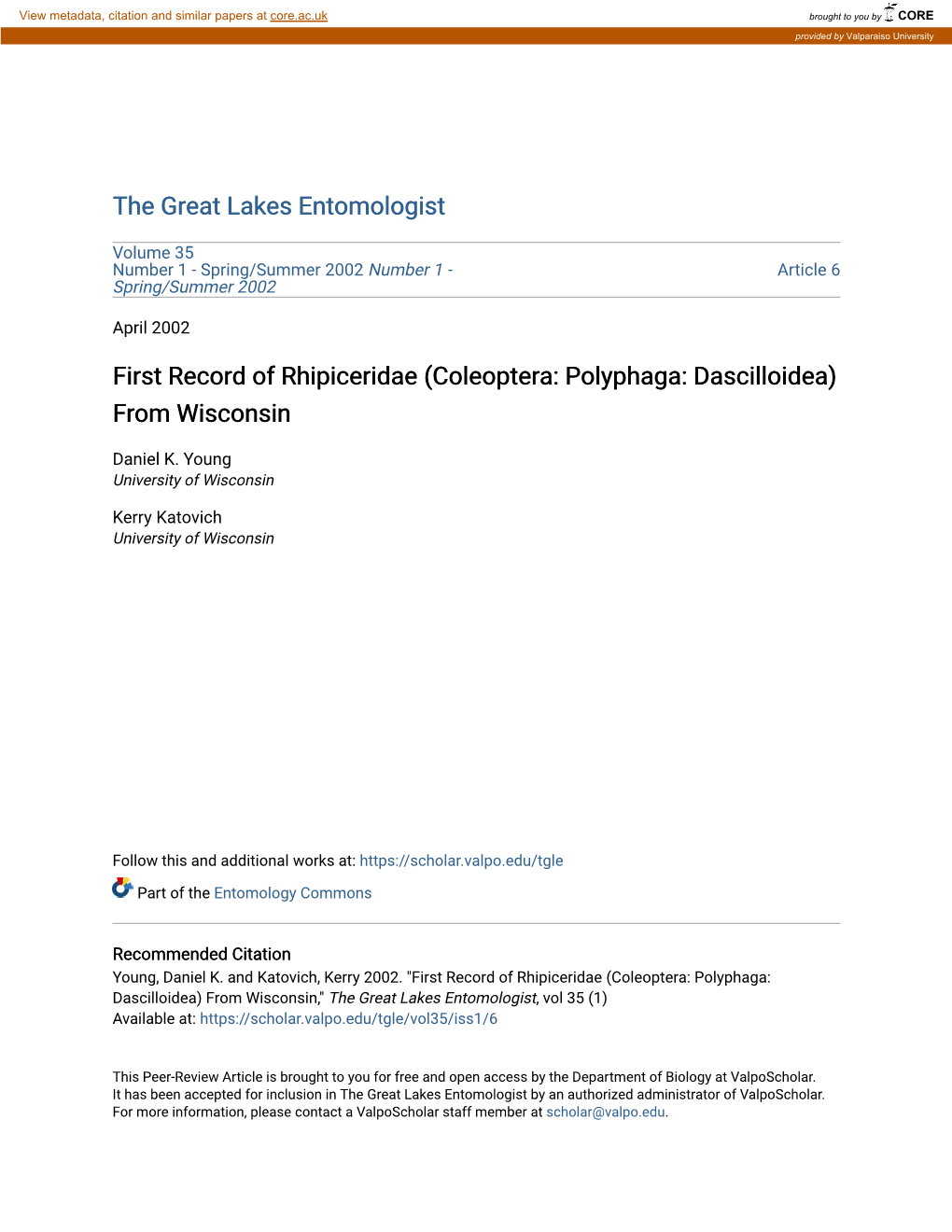 First Record of Rhipiceridae (Coleoptera: Polyphaga: Dascilloidea) from Wisconsin