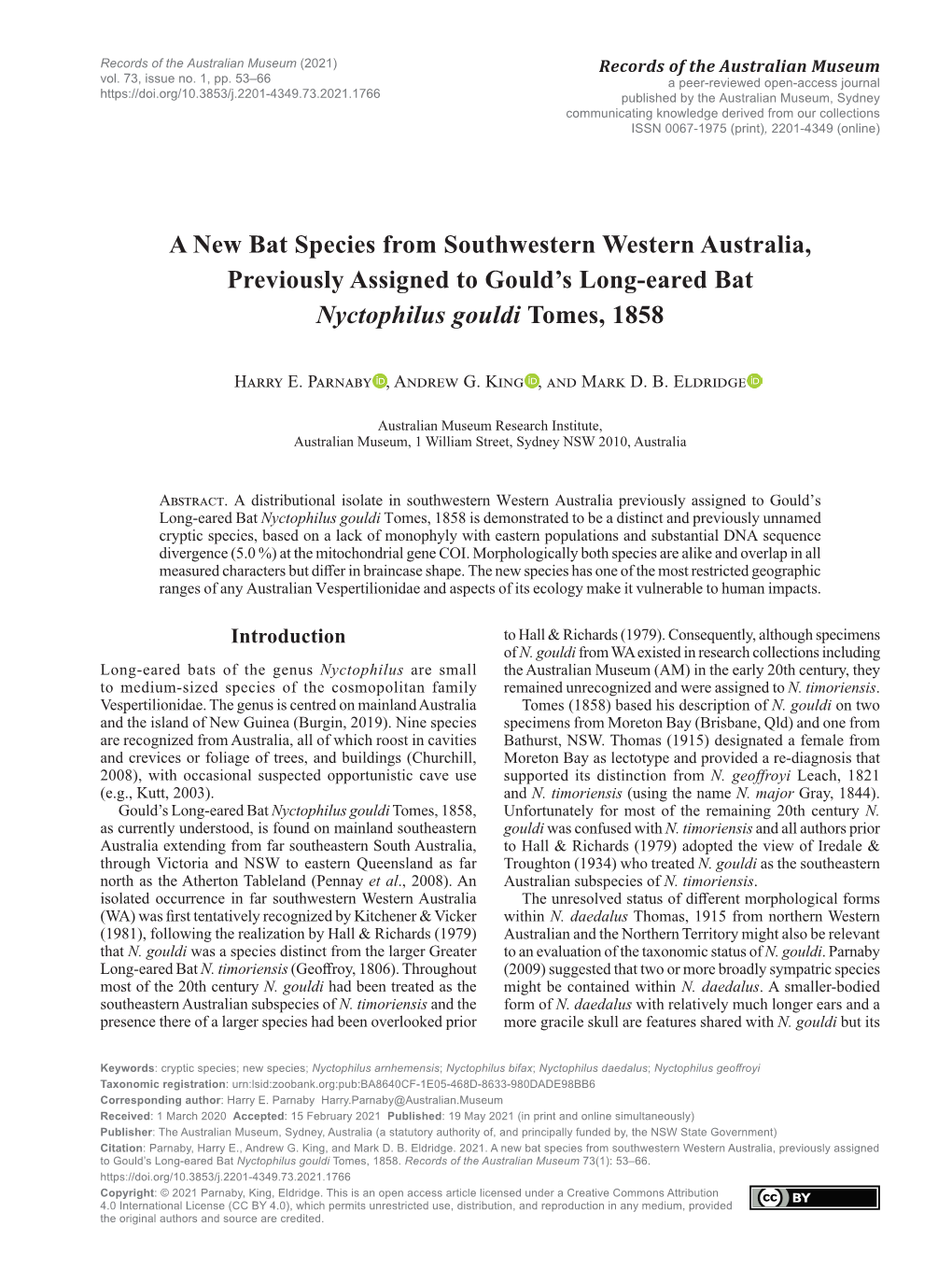 A New Bat Species from Southwestern Western Australia, Previously Assigned to Gould’S Long-Eared Bat Nyctophilus Gouldi Tomes, 1858