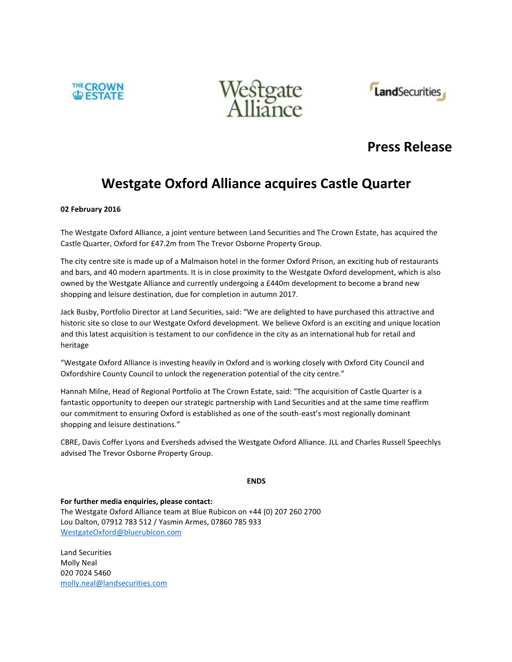 Press Release Westgate Oxford Alliance Acquires Castle Quarter