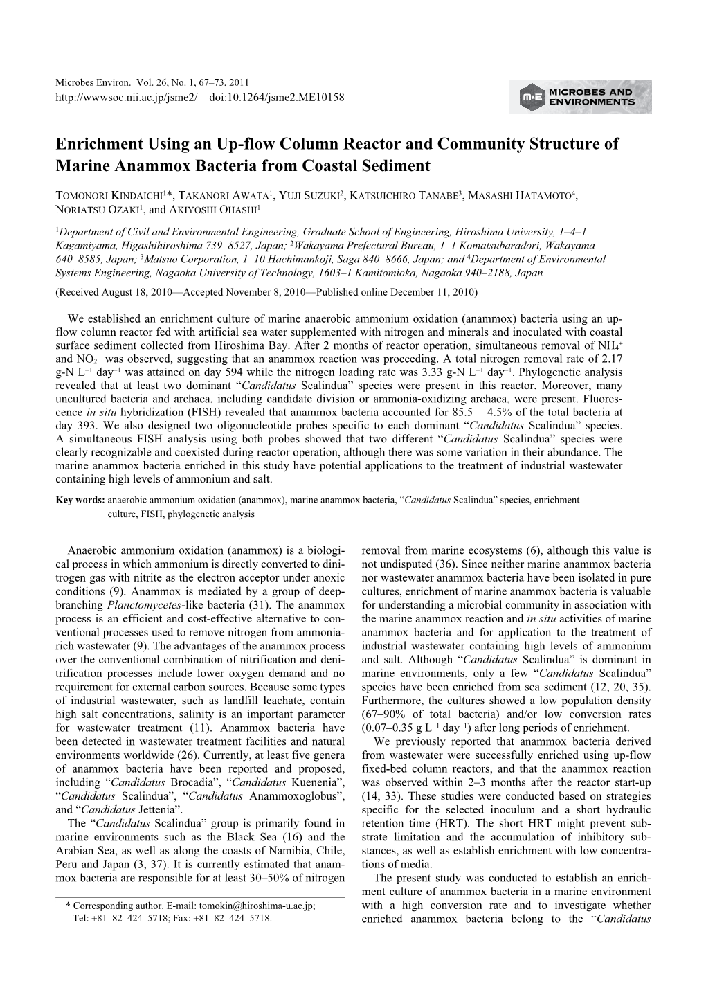 Enrichment Using an Up-Flow Column Reactor and Community Structure of Marine Anammox Bacteria from Coastal Sediment