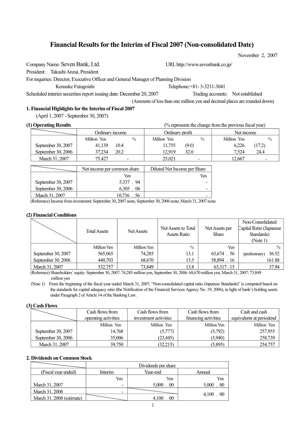 Financial Results for the Interim of Fiscal 2007 (Non-Consolidated Date) November 2, 2007 Company Name: Seven Bank, Ltd