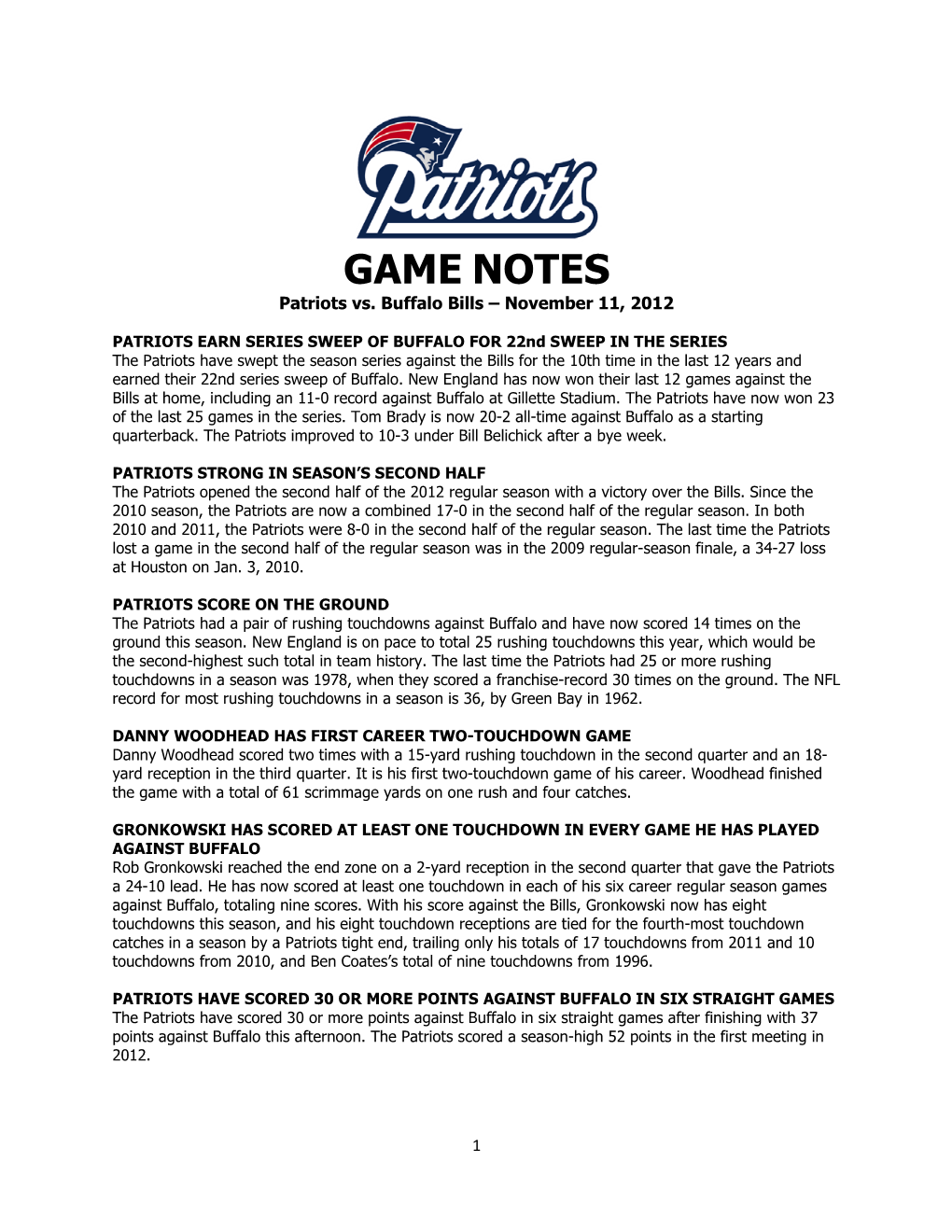 GAME NOTES Patriots Vs