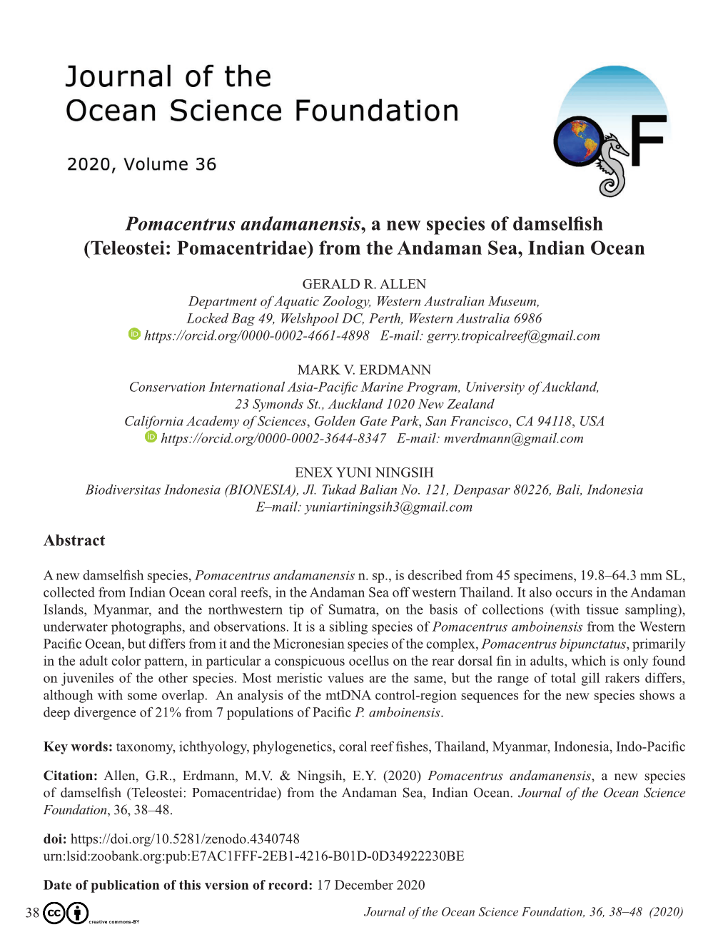 Pomacentrus Andamanensis, a New Species of Damselfish (Teleostei: Pomacentridae) from the Andaman Sea, Indian Ocean