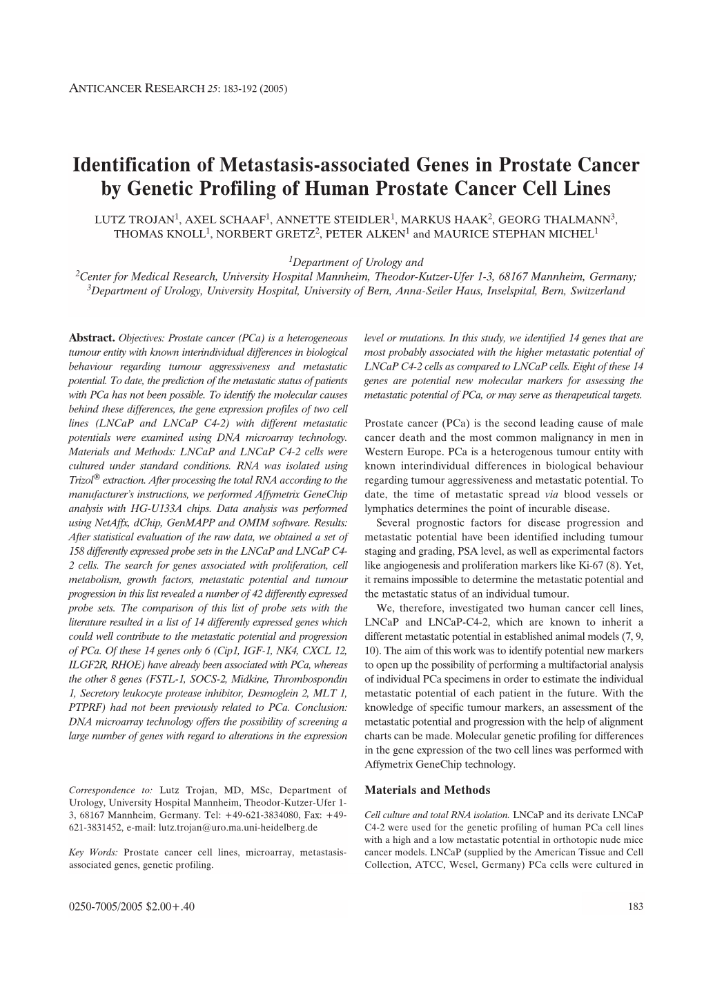 Identification of Metastasis-Associated Genes in Prostate Cancer by Genetic Profiling of Human Prostate Cancer Cell Lines