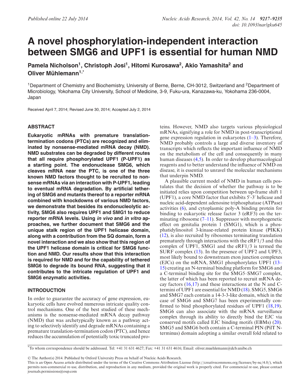 A Novel Phosphorylation-Independent Interaction Between SMG6 And