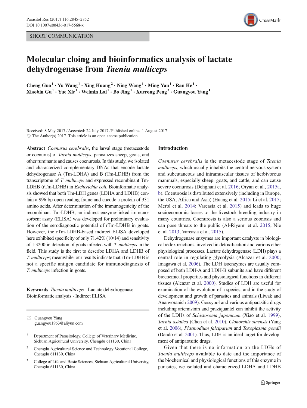 Molecular Cloing and Bioinformatics Analysis of Lactate Dehydrogenase from Taenia Multiceps