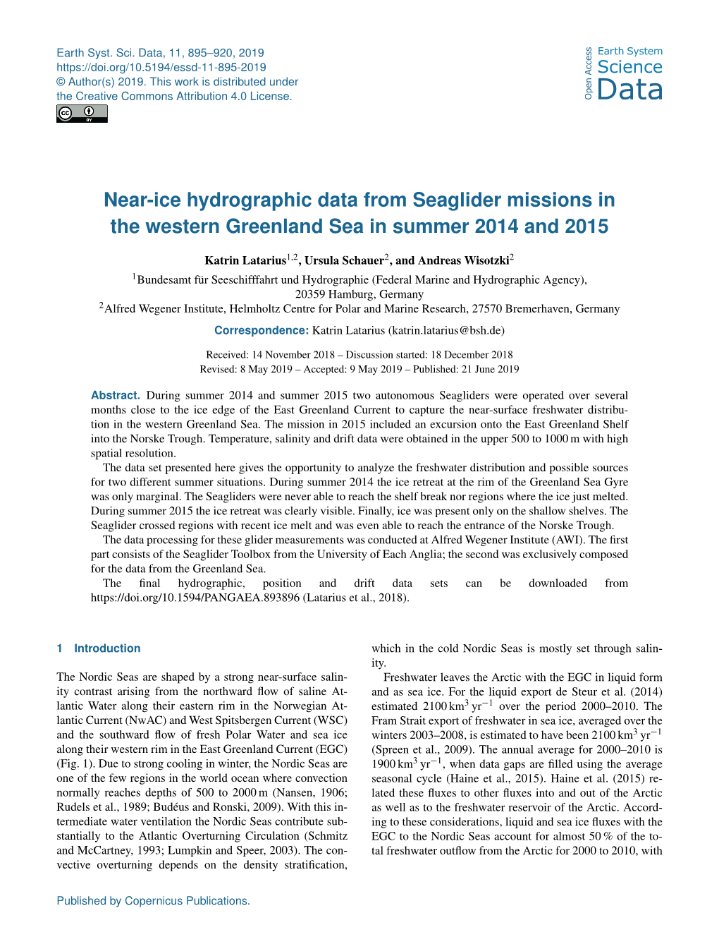 Near-Ice Hydrographic Data from Seaglider Missions in the Western Greenland Sea in Summer 2014 and 2015