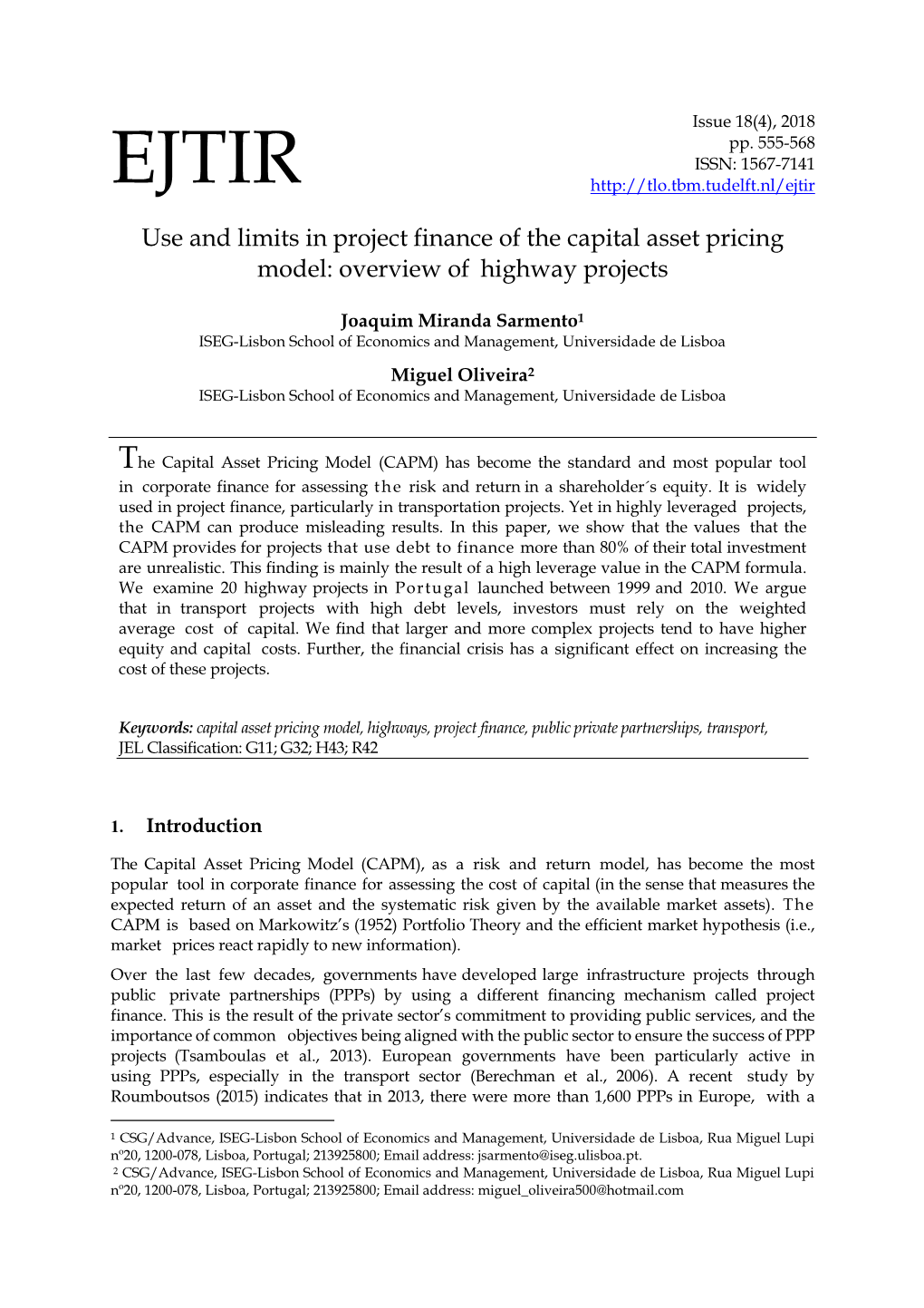 Use and Limits in Project Finance of the Capital Asset Pricing Model: Overview of Highway Projects