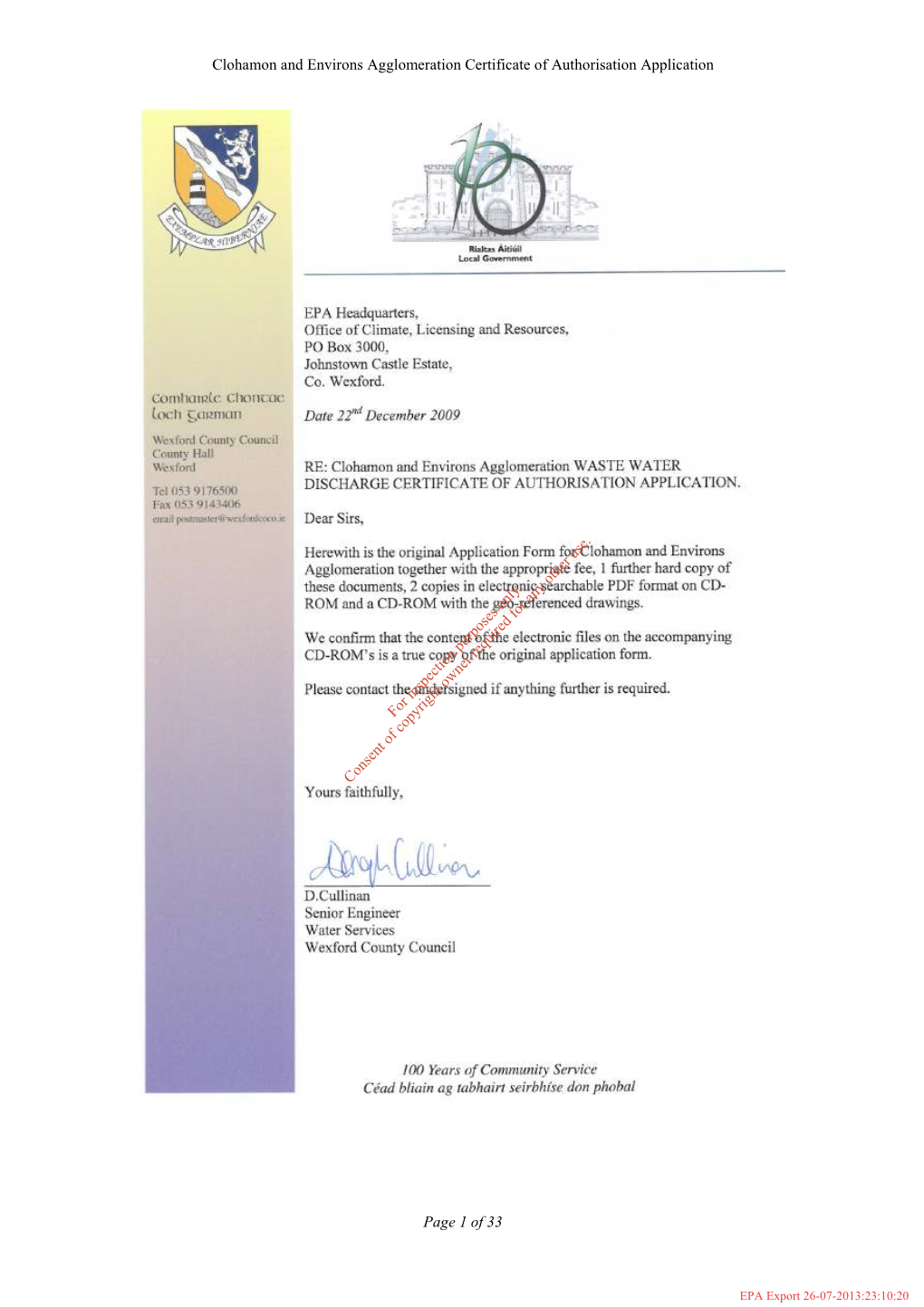 Clohamon and Environs Agglomeration Certificate of Authorisation Application