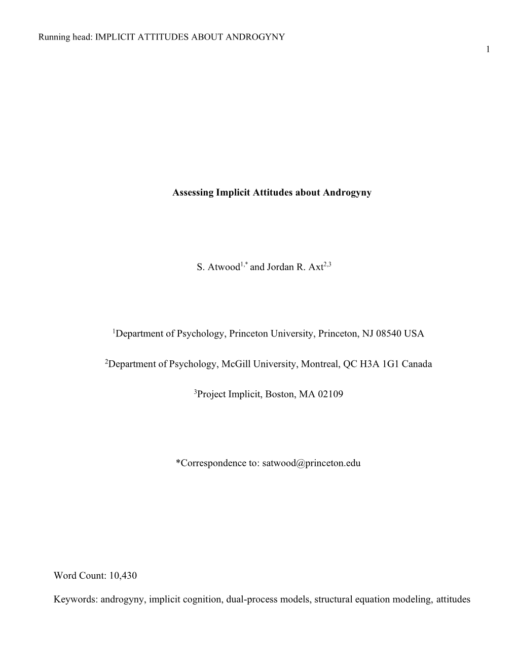 Assessing Implicit Attitudes About Androgyny S. Atwood1,* And