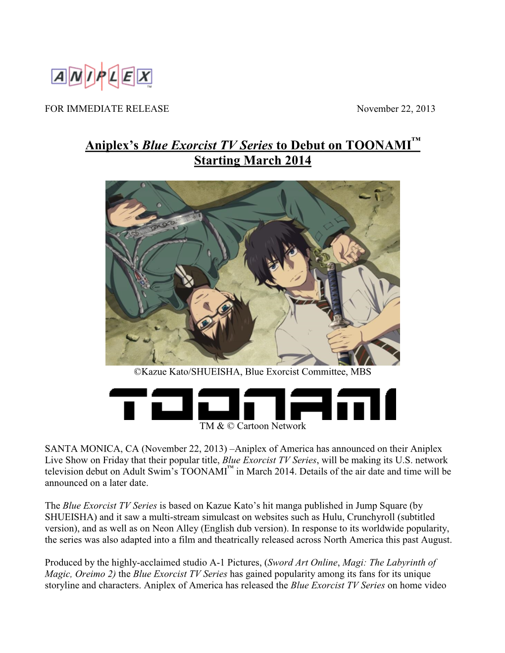 Aniplex's Blue Exorcist TV Series to Debut on TOONAMITM Starting March 2014