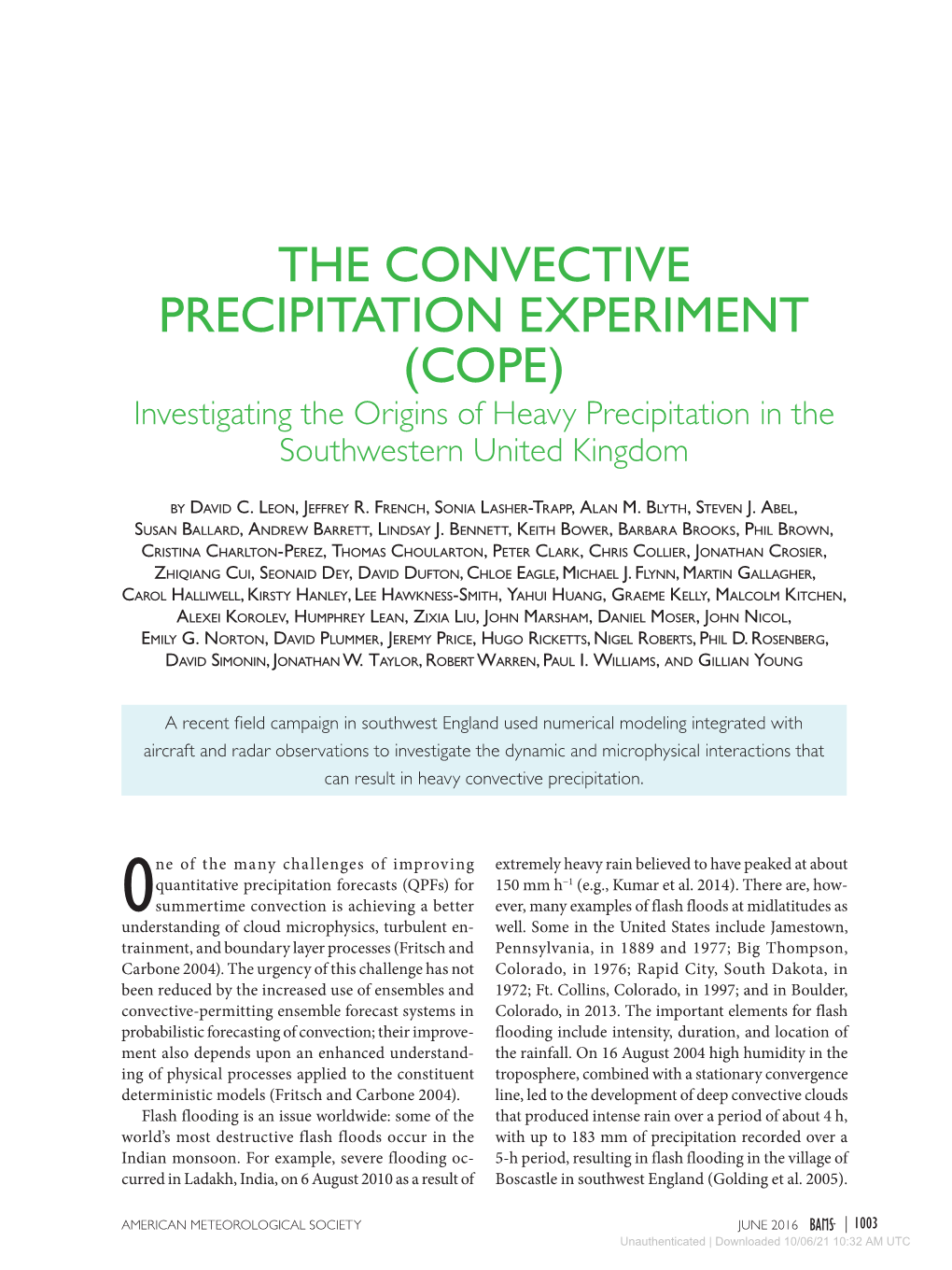 THE CONVECTIVE PRECIPITATION EXPERIMENT (COPE) Investigating the Origins of Heavy Precipitation in the Southwestern United Kingdom