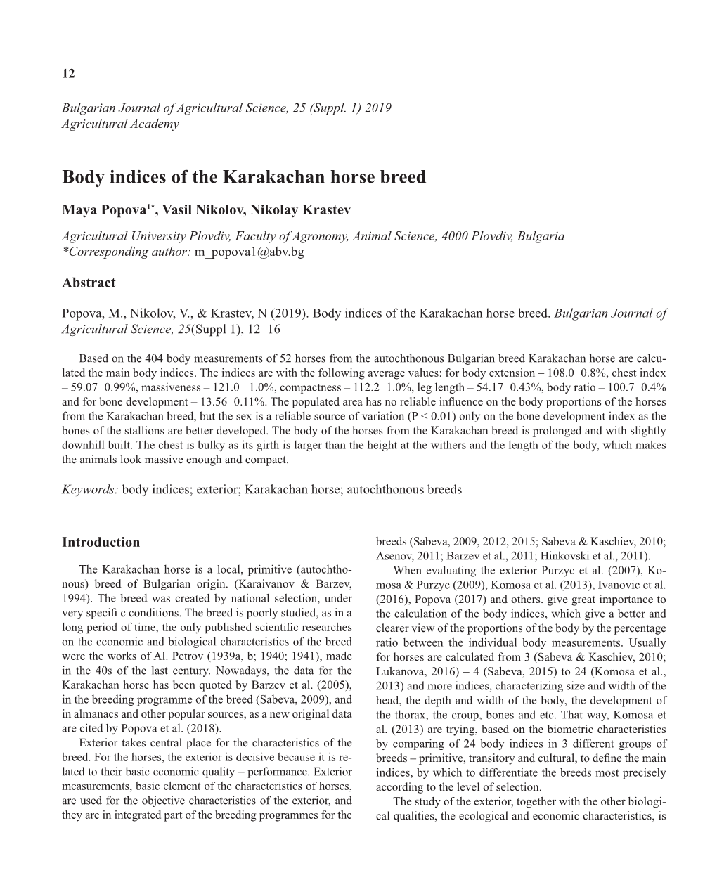 Body Indices of the Karakachan Horse Breed