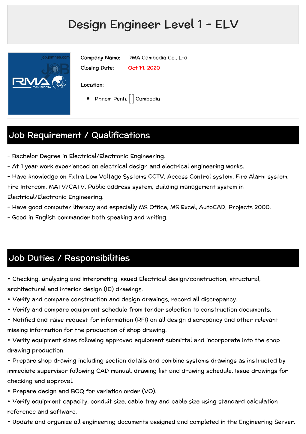 Design Engineer Level 1 - ELV