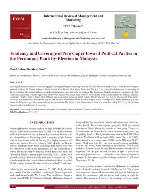 Tendency and Coverage of Newspaper Toward Political Parties in the Permatang Pauh By-Election in Malaysia