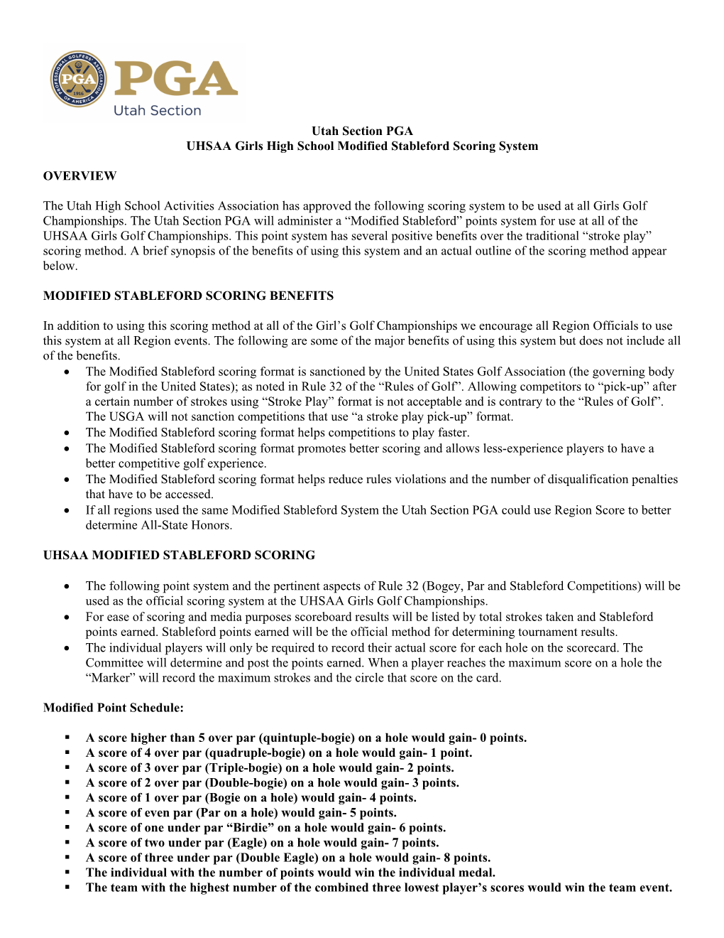 Utah Section PGA UHSAA Girls High School Modified Stableford Scoring System