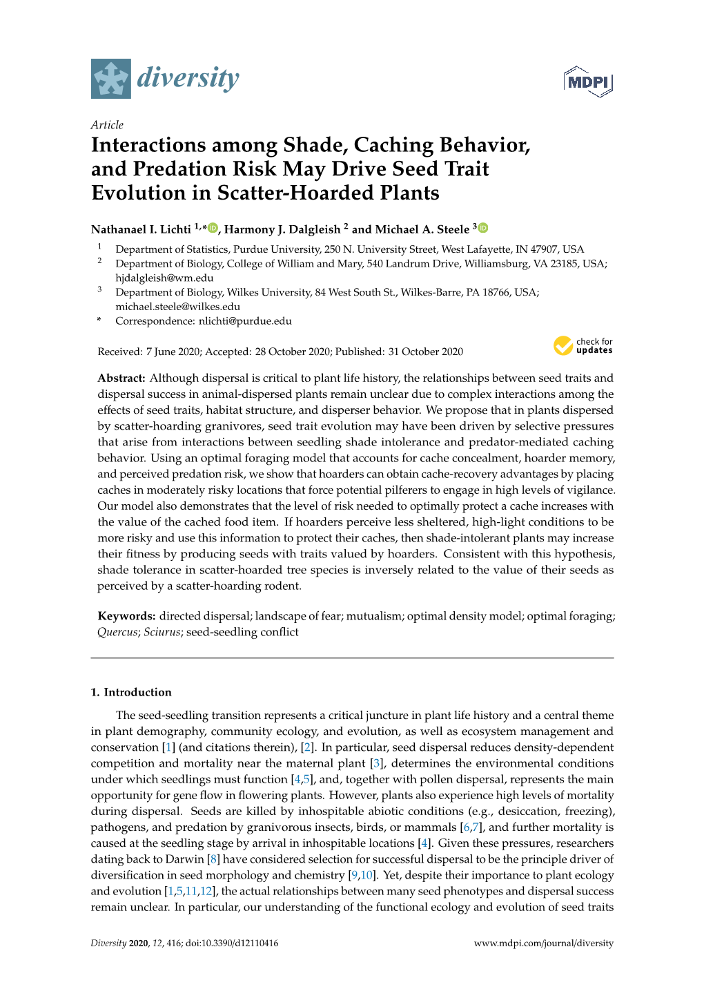 Interactions Among Shade, Caching Behavior, and Predation Risk May Drive Seed Trait Evolution in Scatter-Hoarded Plants