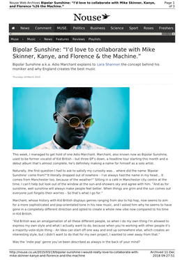 Bipolar Sunshine: “I'd Love to Collaborate with Mike Skinner