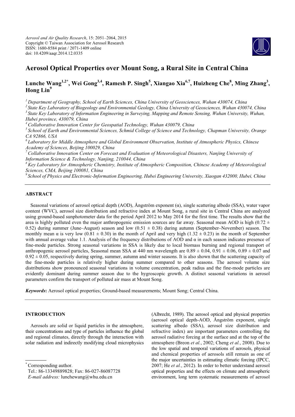 Aerosol Optical Properties Over Mount Song, a Rural Site in Central China