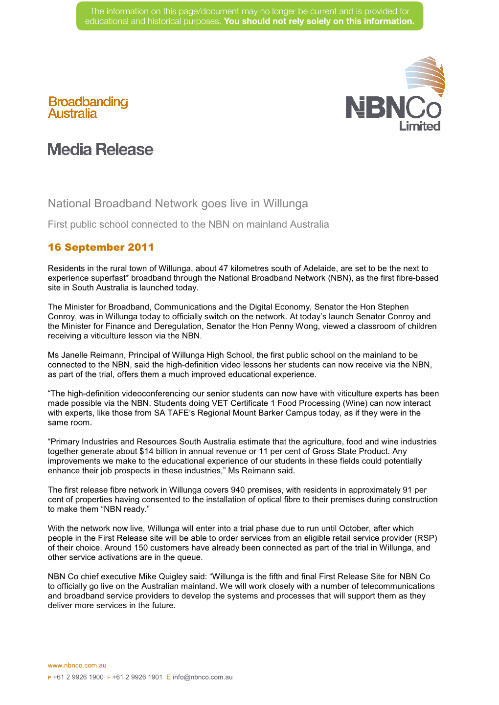 National Broadband Network Band Network Goes Live in Willunga